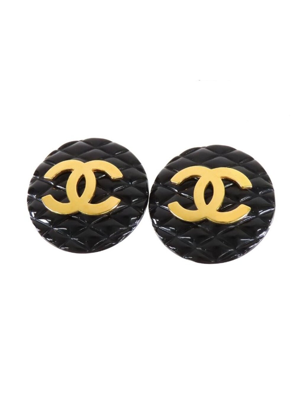 Chanel CC Logo Quilted Earrings Black Gold Plastic 93P
